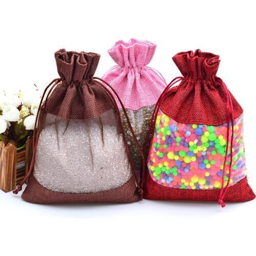 Organza Jute Gift Packaging Bag 3.9"x5.5" Party Candy Favor Sack Linen Jute Drawstring Pouch Jewelry Gift Candy Bag 50pcs