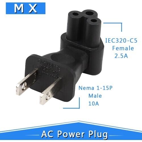 NEMA 1-15P to IEC320 C5 Conversion Plug, USA 2 Pin Male Nema 1-15P to IEC 320 C5 Right Angle AC Adpater