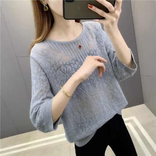 Add 3 colors 193722 room 7 Row 2 lower] real shot spring round neck hollow out solid color Pullover 46