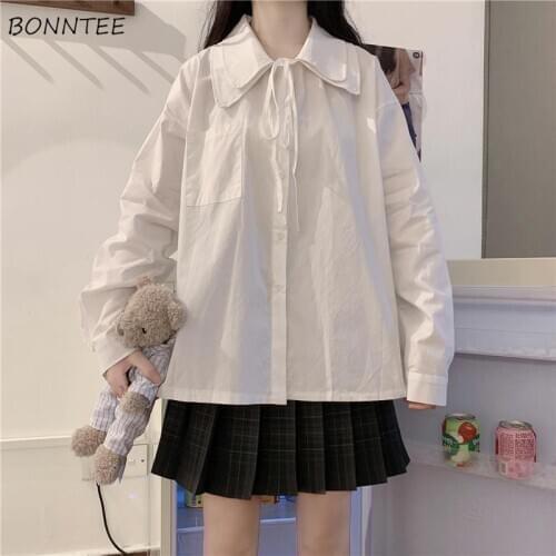 Shirts Womens White Solid Bow Peter Pan Collar Simple Lovely Preppy Style Students Casual Blouses All-match Kroean Trendy Daily
