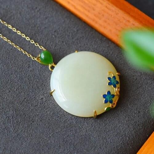 S925 Sterling Silver Burnt Blue Lace Natural Hetian Jade round Lucky Pendant Pendant Necklace Classical Flower Jade Sweater Chai