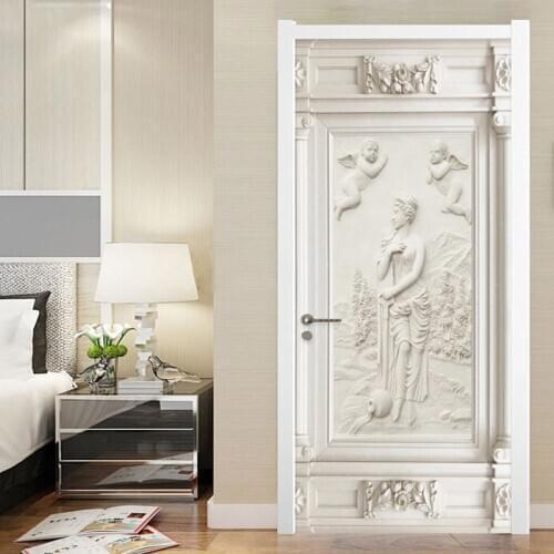 PVC Self-Adhesive Door Sticker European Style 3D Relief Angel Figure Wallpaper Living Room Bedroom Waterproof Door Poster Murals