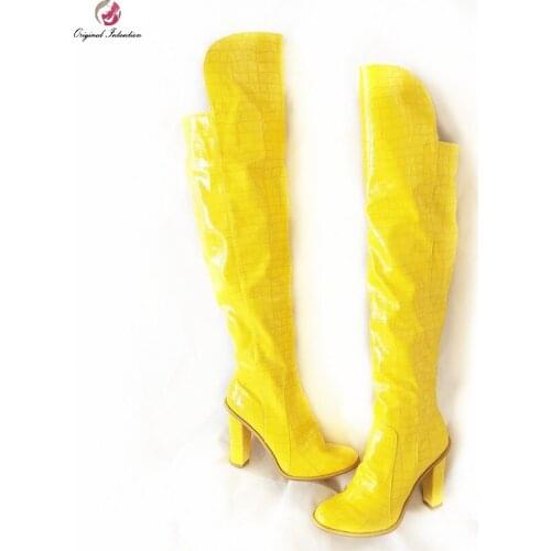Womens Over The Knee Boots Fashion Patent PU Leather Square Heels Side Zipper Ladies Long Boots Party Women Winter Shoes Yellow