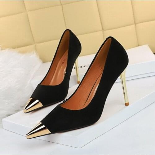 BIGTREE 2021 Spring Fashion MATURE Flock PU Women Shoes Pumps Thin Heels Solid Slip-On Pointed Toe Bling Party Brown Size 34-43