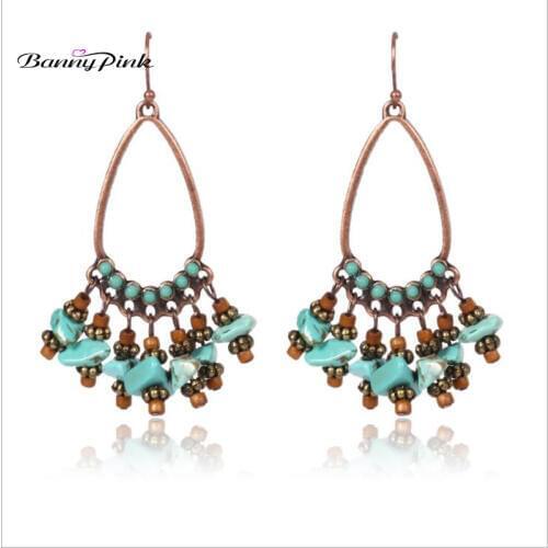 Banny Pink Boho Synthetic Stone Chips Tassel Dangle Earrings For Women Vintage Alloy Water Drop Pendant Drop Earring Pendientes
