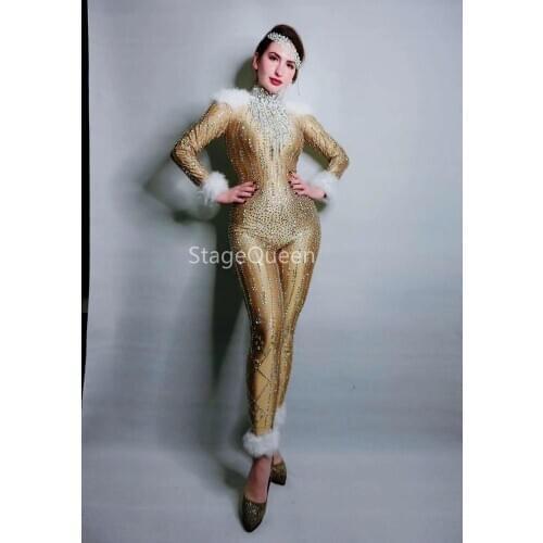Women Sparkly Rhinestones Feather Skinny Jumpsuit Party Female Leotard European Style Luxury Clothing Singer Stage DS DJ Costume