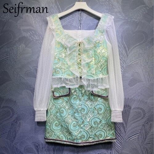 Seifrmann New 2021 Summer Women Fashion Designer Skirts Set Lantern Sleeve Mesh Tops+High Waist A-Line Skirts 2 Two Pieces Suit