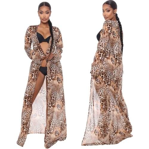 S-XXL Women Leopard Print Swimsuit Cover Ups Open Front Kimono Cardigan Maxi Dress