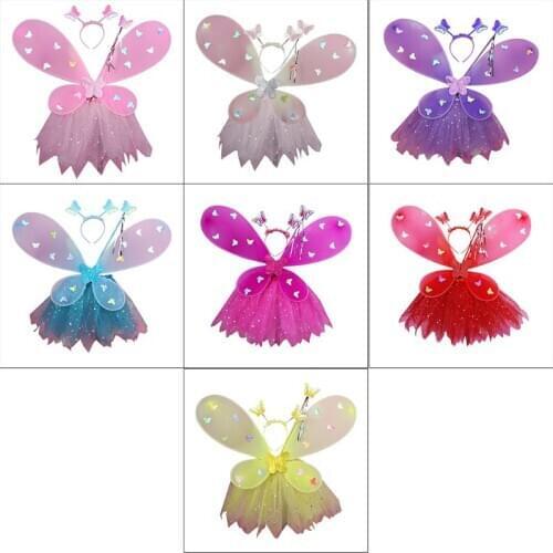 4 Pcs/set New Flashing Wings Tutu Skirt Pettiskirt Glow Headband Fairy Stick Set Women Girls Role-playing Props Holiday Party