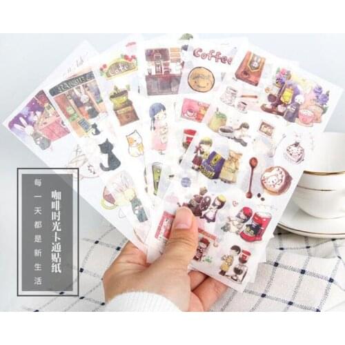 6pcs/ Pack Of Creative Fresh Coffee Time Stickers DIY Diary Scrapbook Items Decorative Label Stickers ChildrenS Stationery