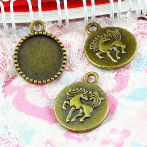 60Pcs Inside Size 14mm Antique Bronze Plated Zinc Alloy Horse Cameo Base Settings Pendants