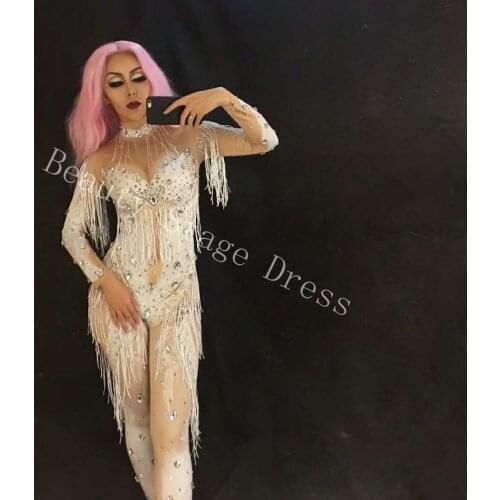 Glitter Rhinestones White Tassel Long Sleeve Sexy Jumpsuit Female Singer Bodysuit Nightclub Womens Birthday Party Dance Costume