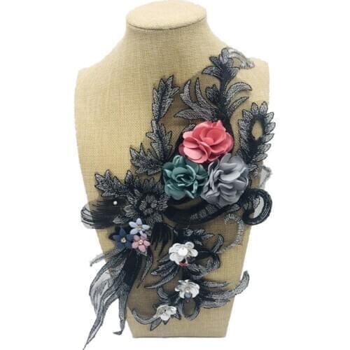 Black Embroidered Lace Fabric Patch Applique Motif Flower for Sewing Stage Costume Evening Dress Garment Sewing Material