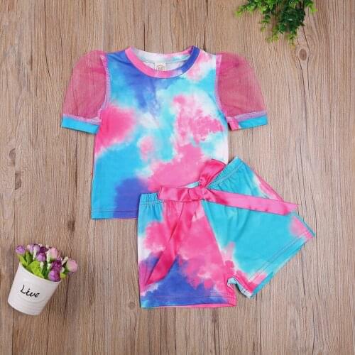 Baby Short Sleeves + Shorts, Tie-dye Pattern Printing, Classic Round Neck Bow Elastic Waist Clothing New Style 2021
