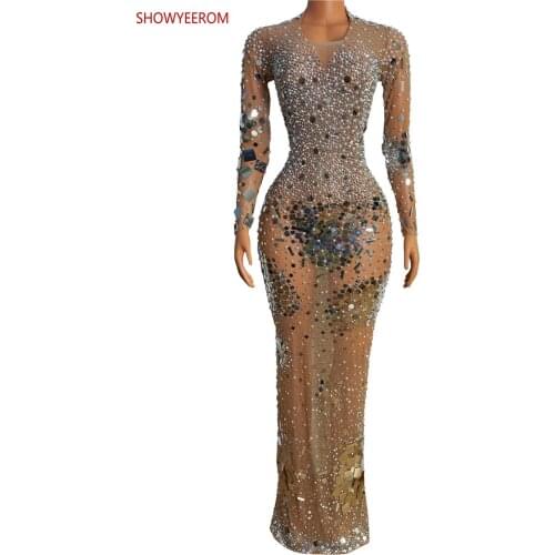 Sparkly Silver Rhinestone Mirror Elastic fabric Long Dress Women Birthday Stage play Celebrate Dress Dancer Party Show Dress