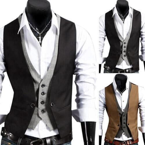 Men Formal Waistcoat Vest Business Men Fake Two-pieces V Neck Sleeveless Button Pocket Slim Waistcoat Jacket