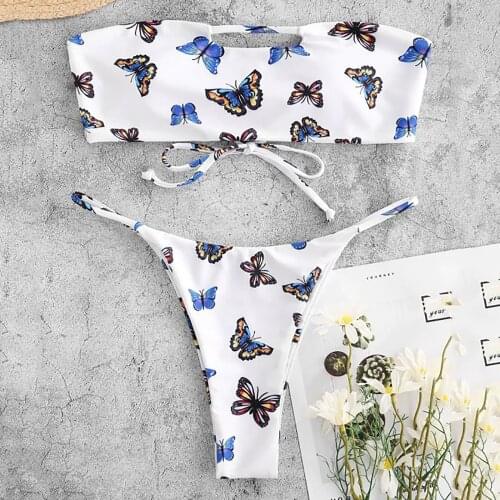 Women Two Piece Bandeau Bikini Set Butterfly Print Split Beachwear Swimsuit Lace Up Back Bandage Bathing Suit Biquini Swimwear
