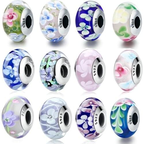 Hotsale 925 Sterling Silver Purple European Murano Glass Beads Charms Fit BISAER Bracelets DIY Accessories ECZ033