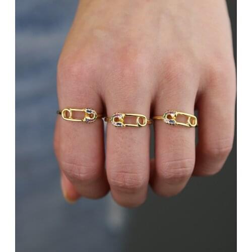 Cute lovely rainbow cz safety pin ring wholesale us size 5 6 7 8 unique new design fashion women ring jewelry