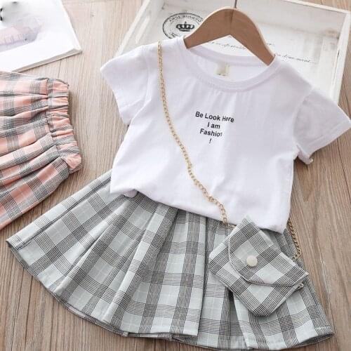 Summer Kids Clothes Letter Shirt&plaid Skirt with Bag Cute Little Girls Clothing Set Fashion Korean Toddler Girl Outfits