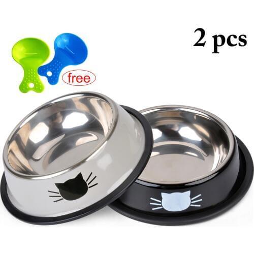 2pcs Dog Cat Bowls Stainless Steel Travel Cat Face Feeding Feeder Water Bowl For Pet Dog Cats Puppy Outdoor with 2 Food Scoop