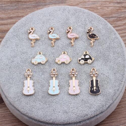 10pcs/pack Fashion Bird Car Violin Golden Plated Enamel Charms Flamingo Pendant DIY Bracelets Earring Jewelry Accessories YZ269