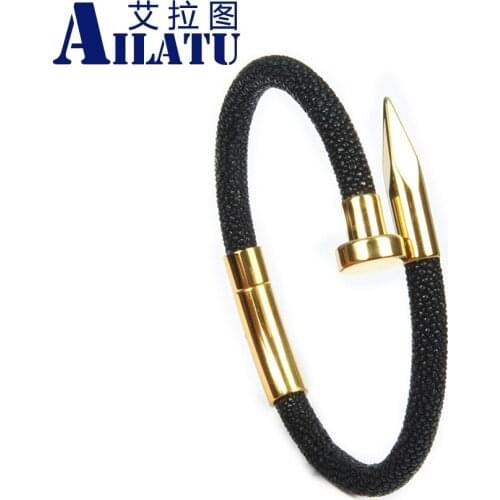 Stingray Leather Bracelets Ailatu Stainless Steel Luxury Men Charm Hand Made New Genuine Magnetic Buckle Present, Gift