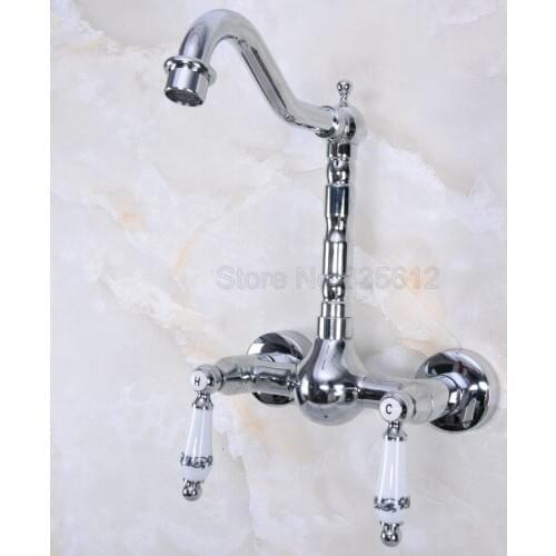 Wall Mounted Polished Chrome Kitchen Sink Swivel Spout Faucet / Bathroom Basin Dual Handles Mixer Taps tnf957