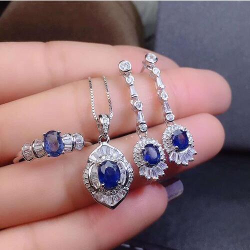 Real Natural Sapphire jewelry set Natural Real Sapphire 925 sterling silver 1pc pendant,1pc ring,2pcs Earring