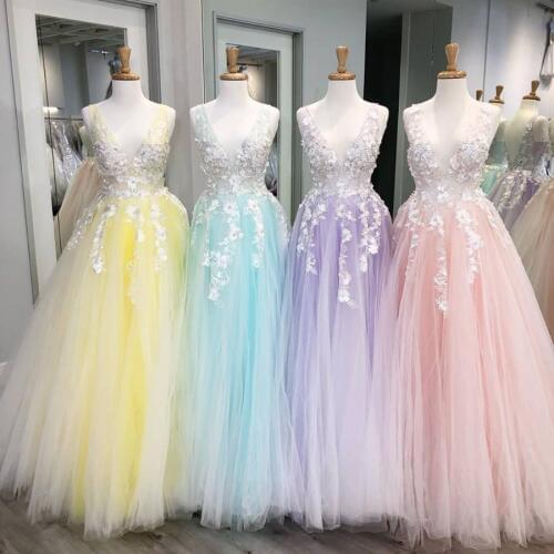 Candy Color Prom Dress 2019 Ballgown Deep V Neck Blush Lilac Light Yellow Sky Blue Long Pageant Gowns for Lady Made-to-Order