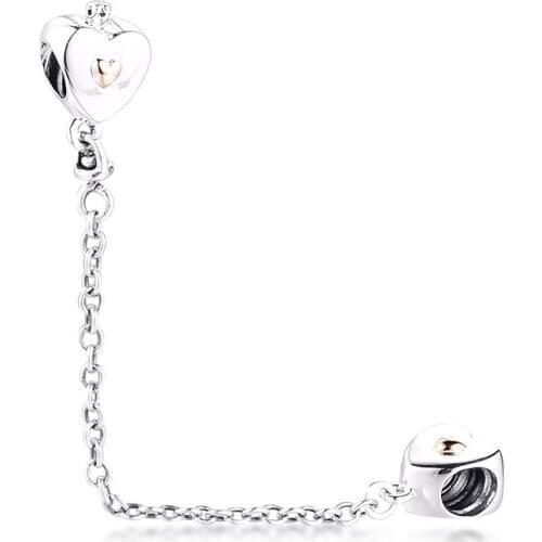 Fits Pandora Charms Bracelets Heart and Crown Safety Chain Beads with 14K Real Gold 925 Sterling Silver Jewelry Free Shipping