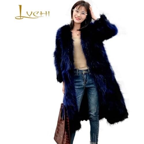LVCHI 2019 Spring Imported Fox Fur Coat Fur Coat Womens Pure Color Medium Causal Slim V-Neck Green Deep Blue Loss Fox Fur Coats