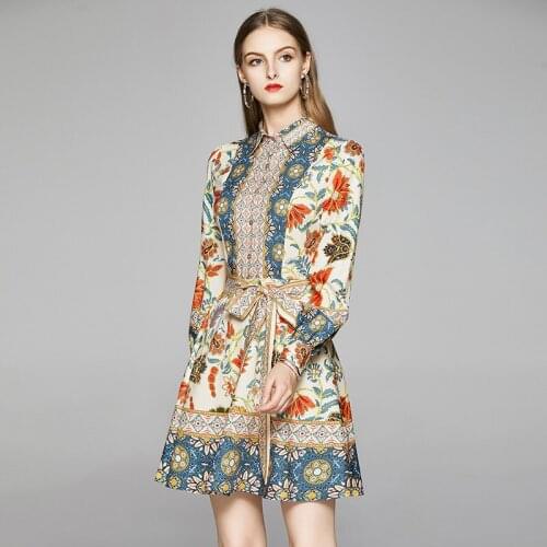 Runway Designer Colorful Floral Printed Dresses Womens Lantern Long Sleeve Shirt Dress Female Bow Tie Waist Short Dresses k8506