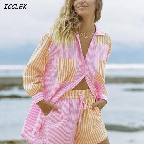 Pink shirt womens blouse patchwork stripes oversized clothes lapel pockets long sleeves loose and sweet Spring/Summer 2021