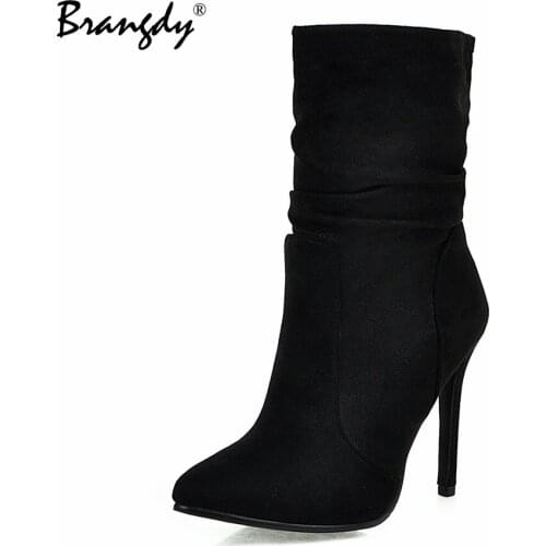 Brangdy 2022 Autumn Winter Women Shoes Faux Suede Pointed Toe Mid Calf Lady Boots Thin High Heel Women Winter Boots Size 34-43