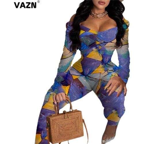 VAZN Hot Sale Women Girl Summer Off Shoulder Long Sleeve Party Beach Patchwork Jumpsuits Robe Full Pant Bandage Rompers