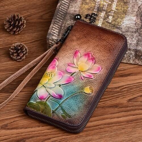 Women Wallet 2021 Spring New Chinese Style Genuine Leather Long Small Hand Bag Retro Embossed Cowhide Phone Purse Card Holder