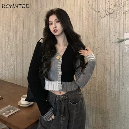 Cardigan Women Sweater Cropped Black Design Elegant Popular Fashion Ulzzang Slim Long Sleeve Knitting Streetwear V-Neck Normcore