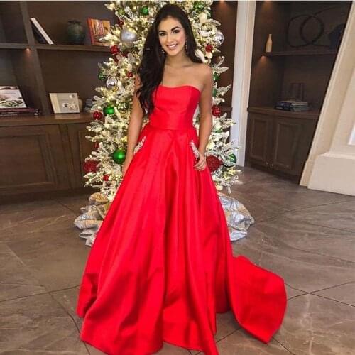 Strapless A-line Prom Dresses With Pocket Red Formal Party Dresses Long Vestido De Fiesta Sweep Train Diamonds Prom Gowns 2019