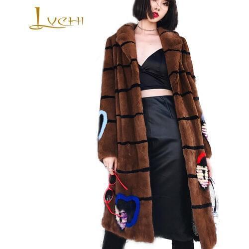 LVCHI 2019 Pre sale Swan Velvet Mink Fur Coat Full Sleeve Real Fur Coats Print Flower Women Turn-Down Collar Long Mink Fur Coats