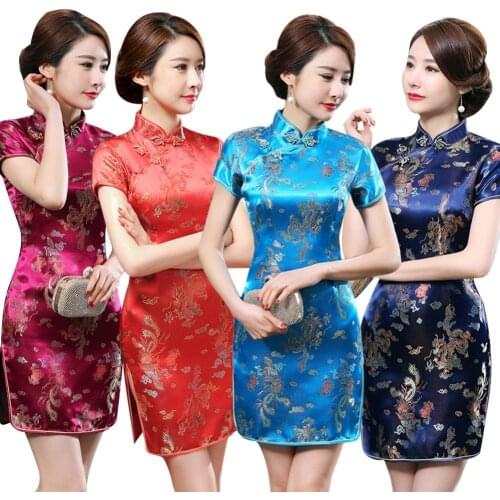 Vintage Cheongsams Women Chinese Dragon Phoenix Embroidery High Neck Short Sleeve Split Mini Dress Sexy Chinese Dress Vestidos