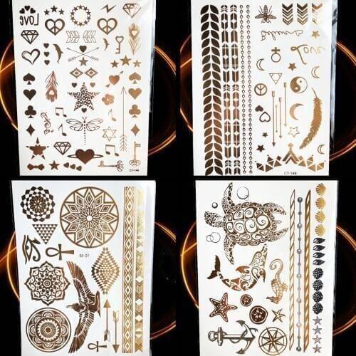 1PC Temporary Fake Tattoo Sticker Cute Dolphin Finger Tattoo Dragonfly HT148G Gold Key Metallic Spade Heart Diamond Tattoo Paper