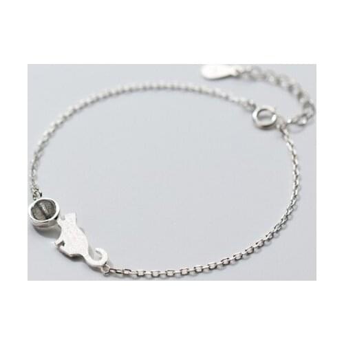 100% Real. 925 Sterling Silver Jewelry Kitten Cat & Moonstone Chain Bracelet Adjustable C-S3956