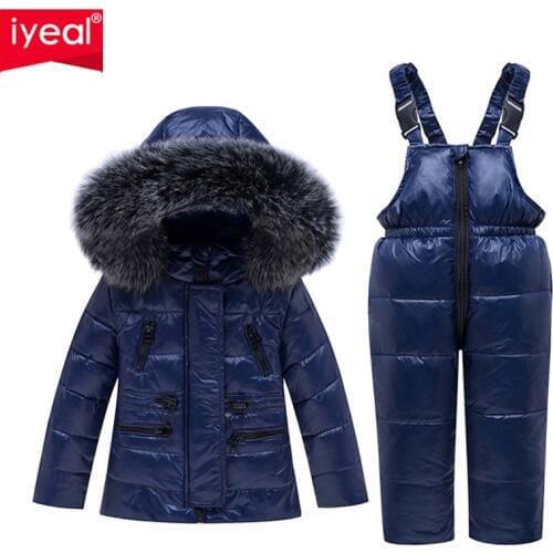 IYEAL Children Baby Boys Girls Two Piece Winter Warm Hooded Fur Snowsuit Puffer Down Jacket with Snow Ski Bib Pants Outfits