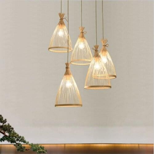 China Simple Funnel Shape Hand Weaving Bamboo Strip Pendant Lights Dining Room Furniture LED Home Decor Restaurant Hotel Lamps
