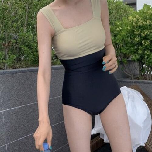 Korea Style Sexy Camisole One Piece Swimsuit Women Patchwork Swimwear Monokini Slim Backless Swim Suit Bathing Suit
