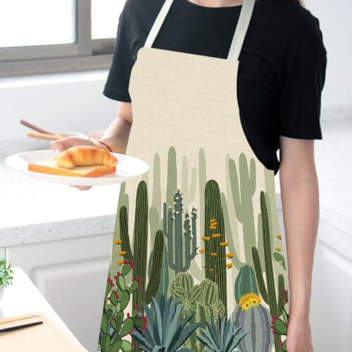 Cactus Printed Antifouling Kitchen Apron Cotton Linen Sleeveless man women Chef Cooking Aprons Kitchen accessories 68*55cm 0013