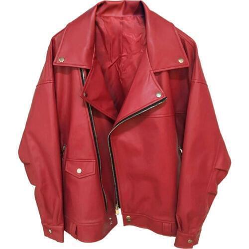 Girlfriend Oversized Faux Leather Jackets Women Red Overcoat Spring Loose Fit Automotive Biker Leather Jacket Coat Woman A597