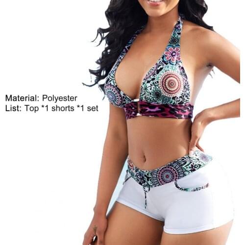 Summer Women Bikini Printed Deep V Neck Halter Bra Low Rise Micro Shorts Briefs Swimsuit Set for Swimming