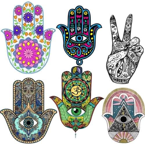 Fashion Colorful Hand Of Fatima Mandala Flower Heat Transfer Patches Washable T-shirt Sticker Iron on Clothes Decoration